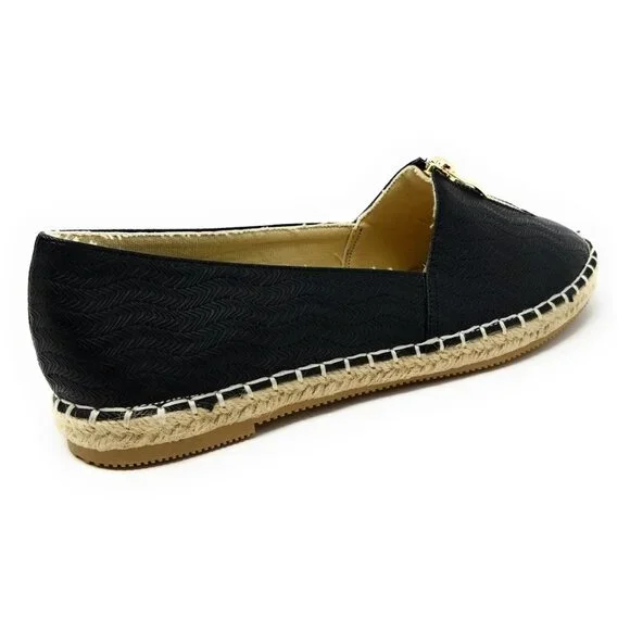 Women Espadrille Zipper Ballet Flats, E-2607 Black - Picture 3 of 4